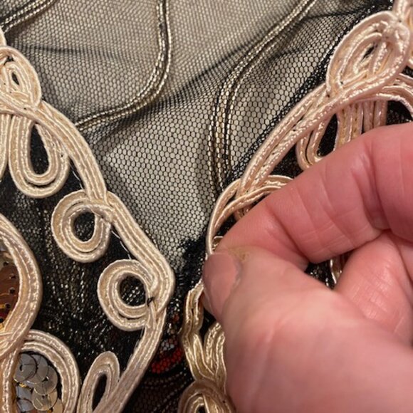 Simple Couture Women's Black Sheer Gold Sequins Decorative Ribbons Top Jacket L - Picture 5 of 9